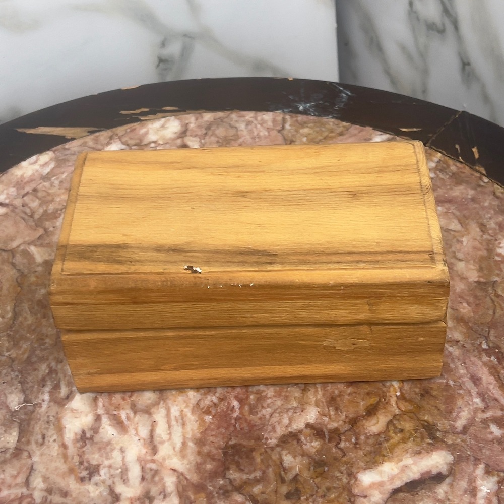 Vintage Handcrafted Wooden Trinket Box Hinged Keepsake Chest Natural Wood 7.5in